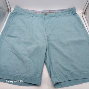 Tommy Bahama Mens 38 Silk Cotton Herringbone Shorts Blue Teal Marlin Flat Front